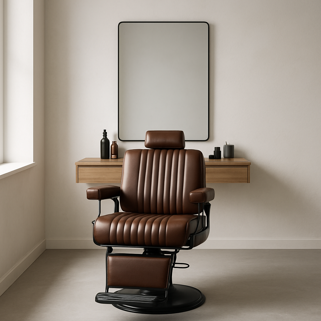 Estación de trabajo ordenada en barbería con silla de cuero y espejo, ambiente profesional