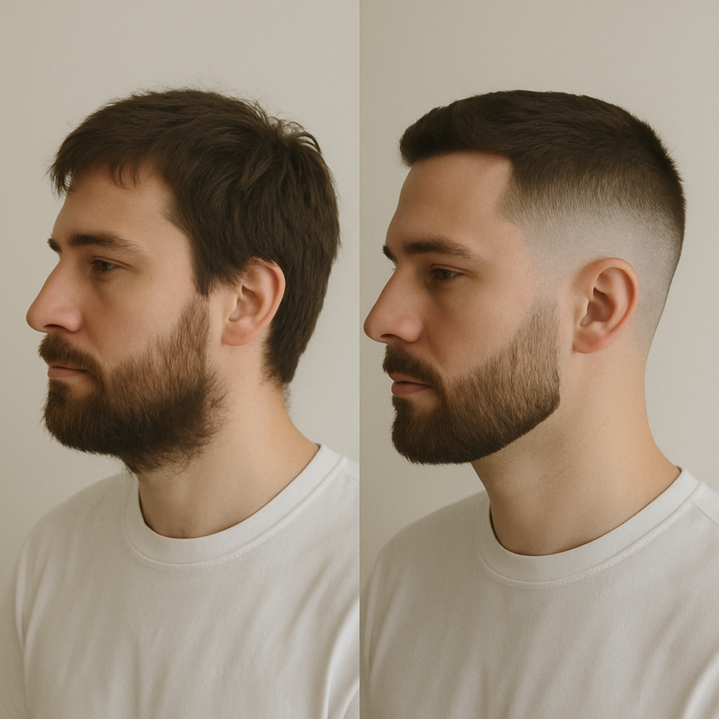Antes y después de un corte fade con recorte de barba, fondo neutro y limpio