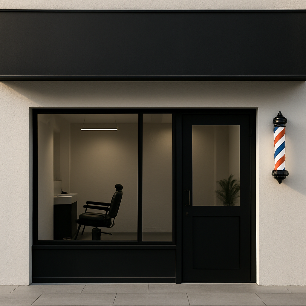 Fachada moderna de barbería con diseño limpio en blanco y negro