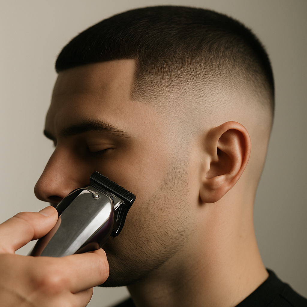 Detalle de máquina recortando un corte skin fade, fondo desenfocado y limpio